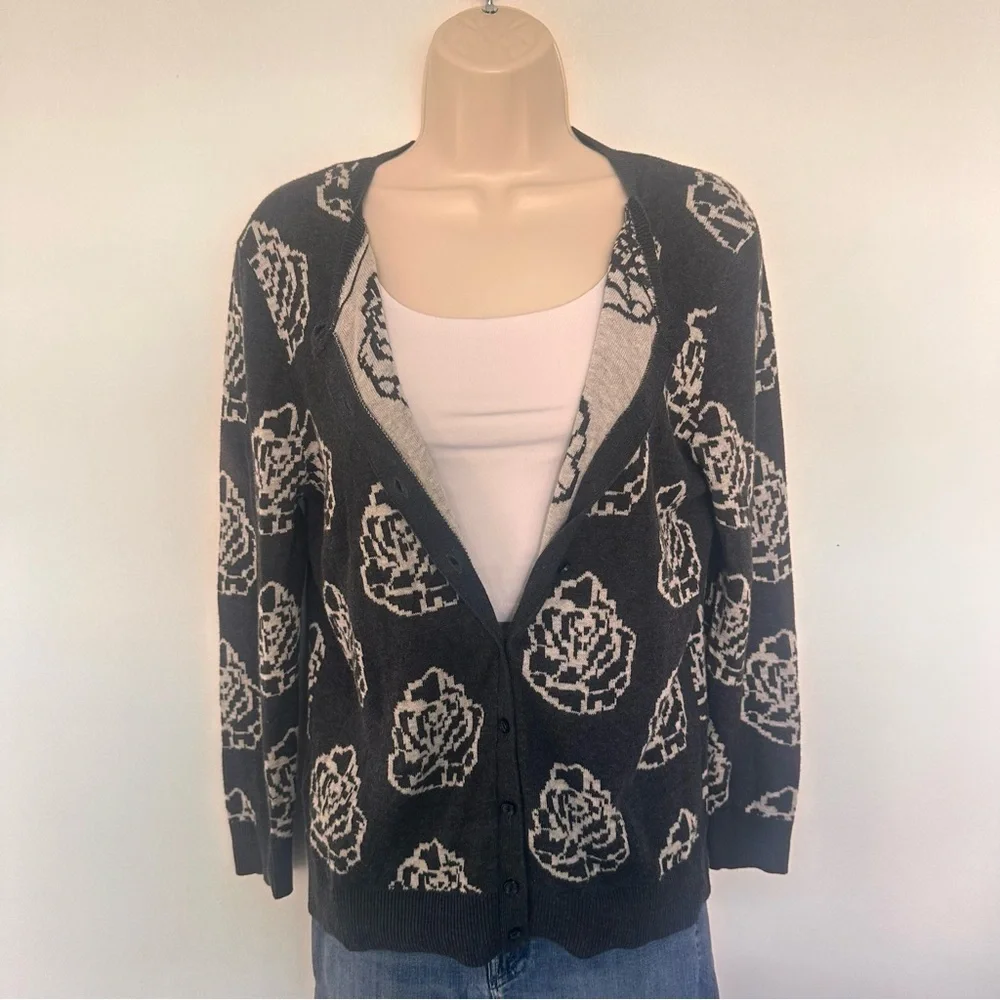 LOFT Women’s Gray Cardigan with Floral Design Size Medium